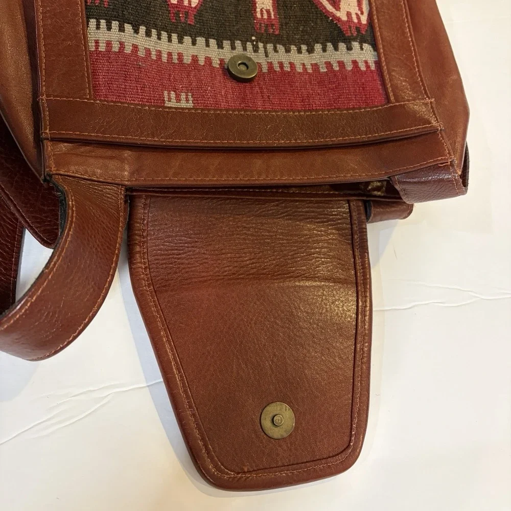 VTG YUN ART Turkish Kilim Wool Rust-Tan Leather Shoulder Bag Purse Boho Hobo